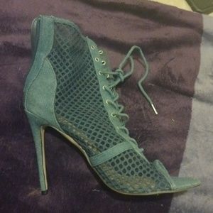 Peep toe denim ankle heels